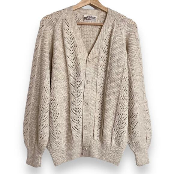 Hand Made 100% Alpaca Lace Knit Blousey Fit Cream V Neck Cardigan Women's S/M - Picture 1 of 7